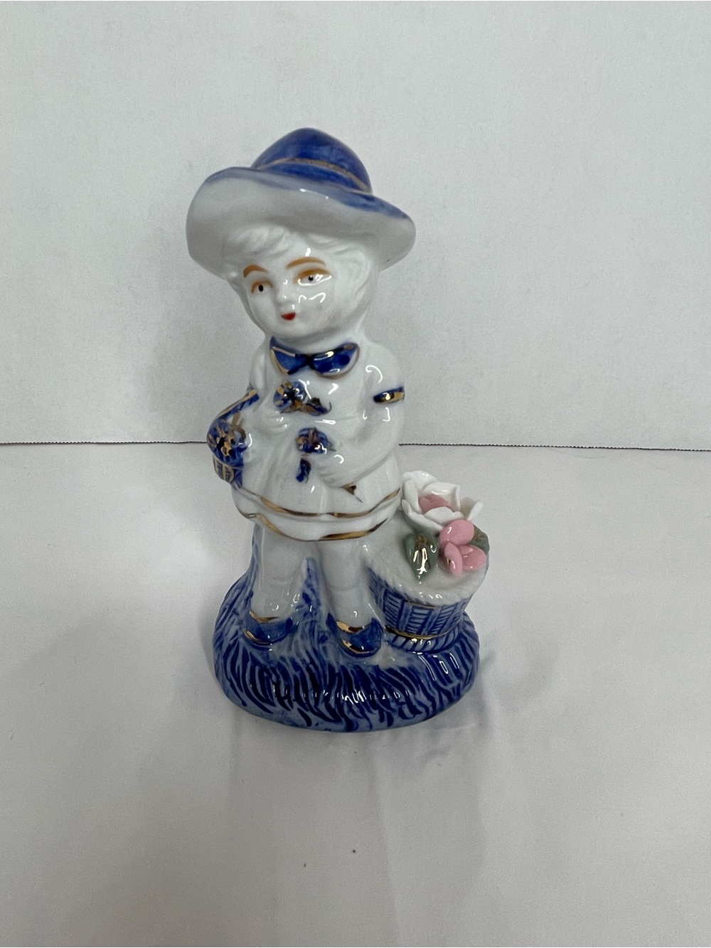 Blue and White Porcelain Figurine Girl with Basket - Decorative Home Art